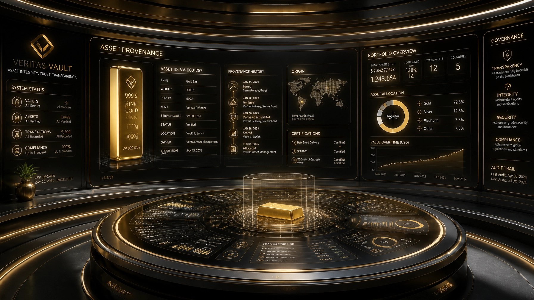 A futuristic asset management command center with holographic displays showing the provenance and history of gold assets.