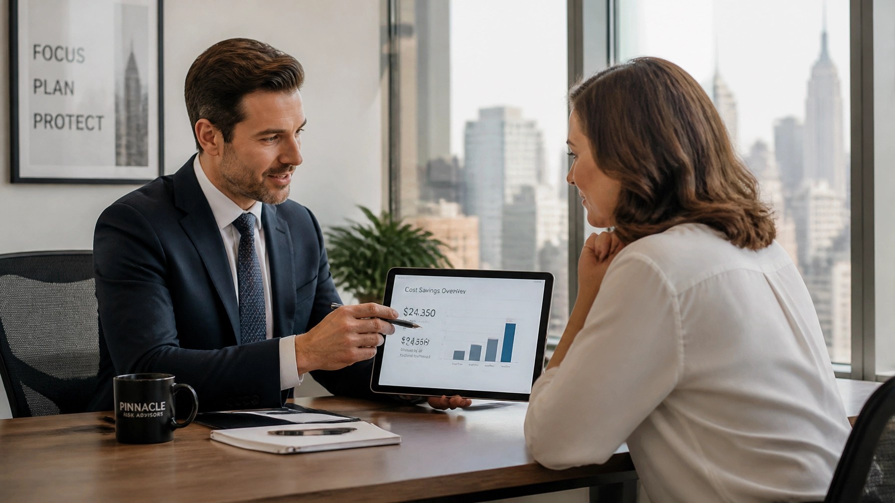 Insurance advisor helping a small business owner compare health plans