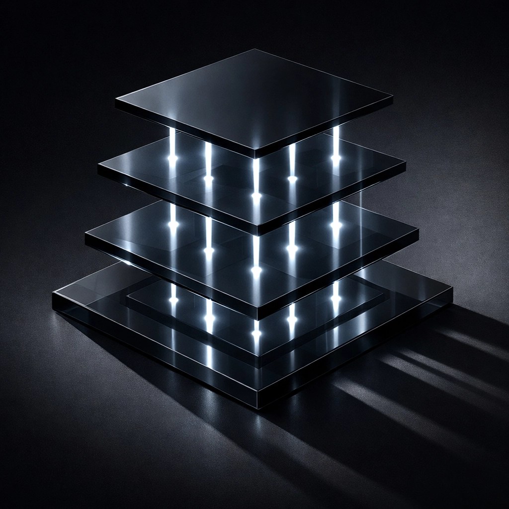 Multi-layered digital architecture showing a synchronized and scalable no-hire development workflow.
