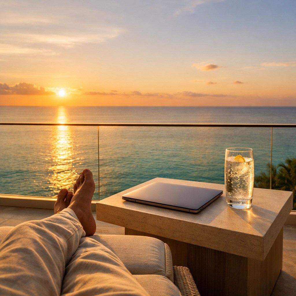 Closed laptop by the ocean symbolizing business independence and operational systems that run without the owner.