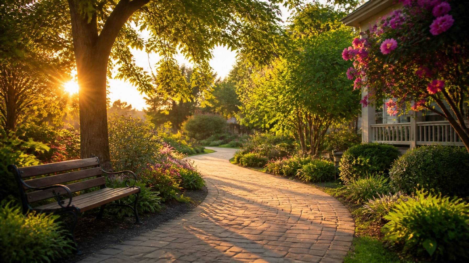 A serene and beautiful garden path bathed in golden hour sunlight, symbolizing peace of mind and secure future planning