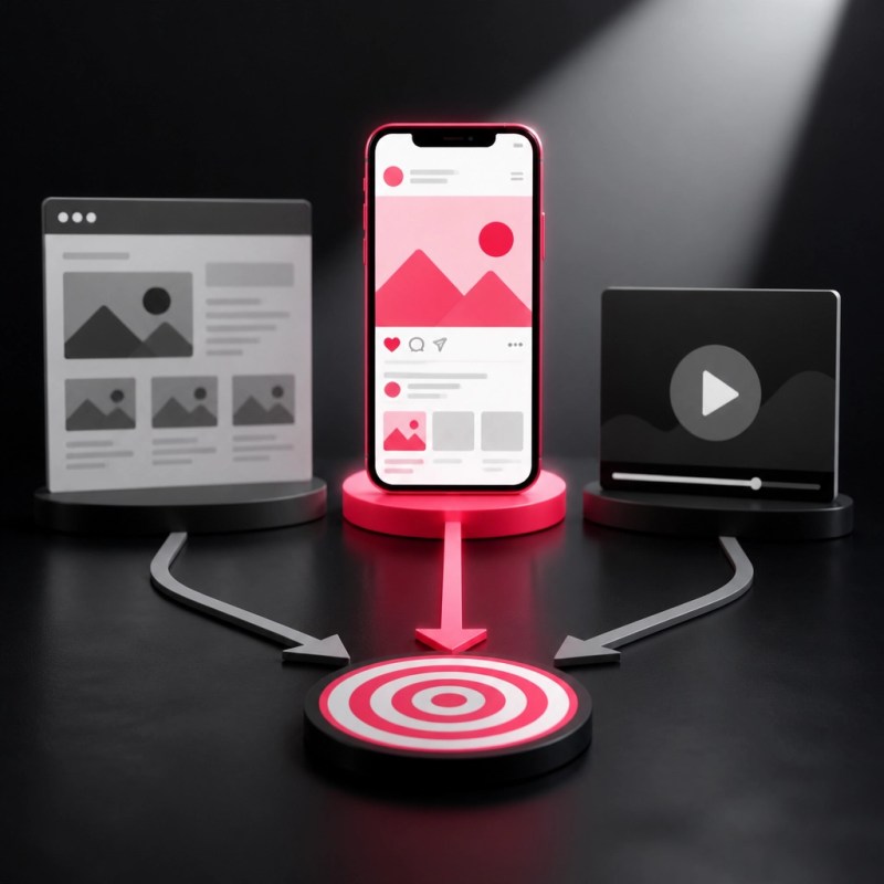 A smartphone, professional browser window, and short-video tile connected to one highlighted magenta-red route and target icon