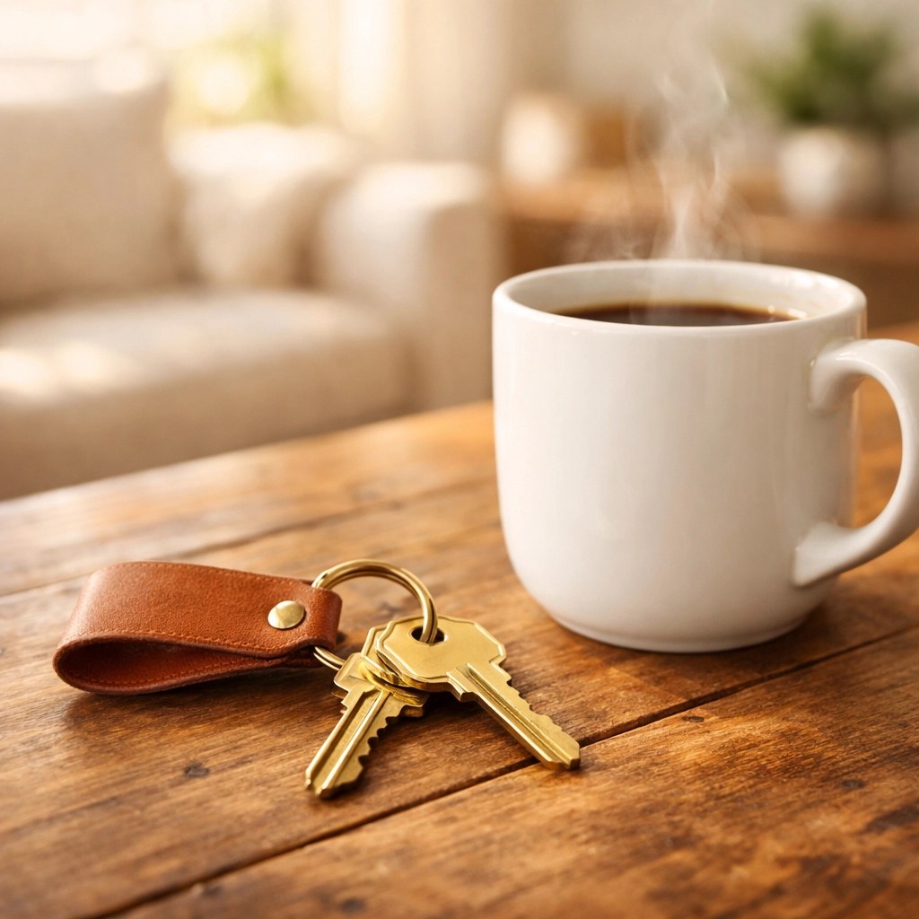 Keys and a coffee mug in a sun-drenched home symbolizing affordable life insurance and family security.