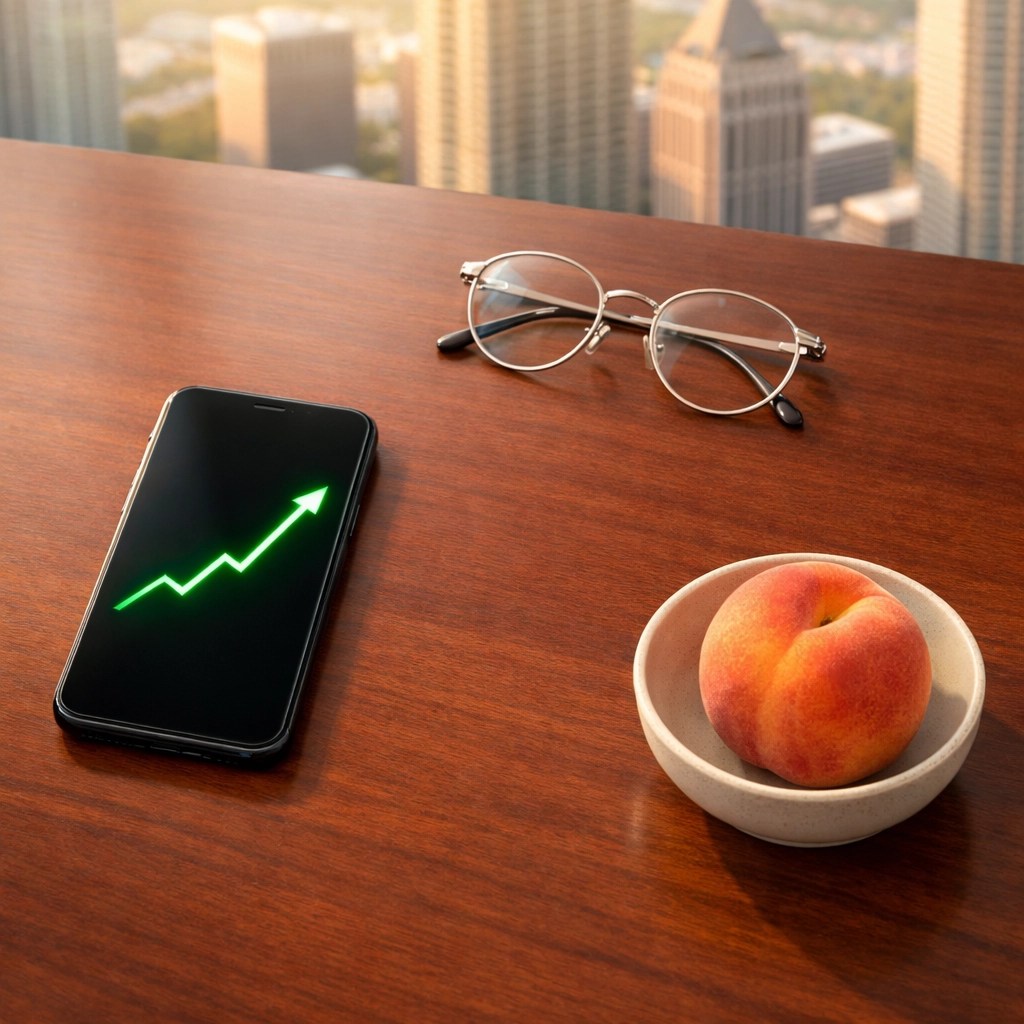 Modern Atlanta office desk with a business growth chart and a Georgia peach, symbolizing financial prosperity.
