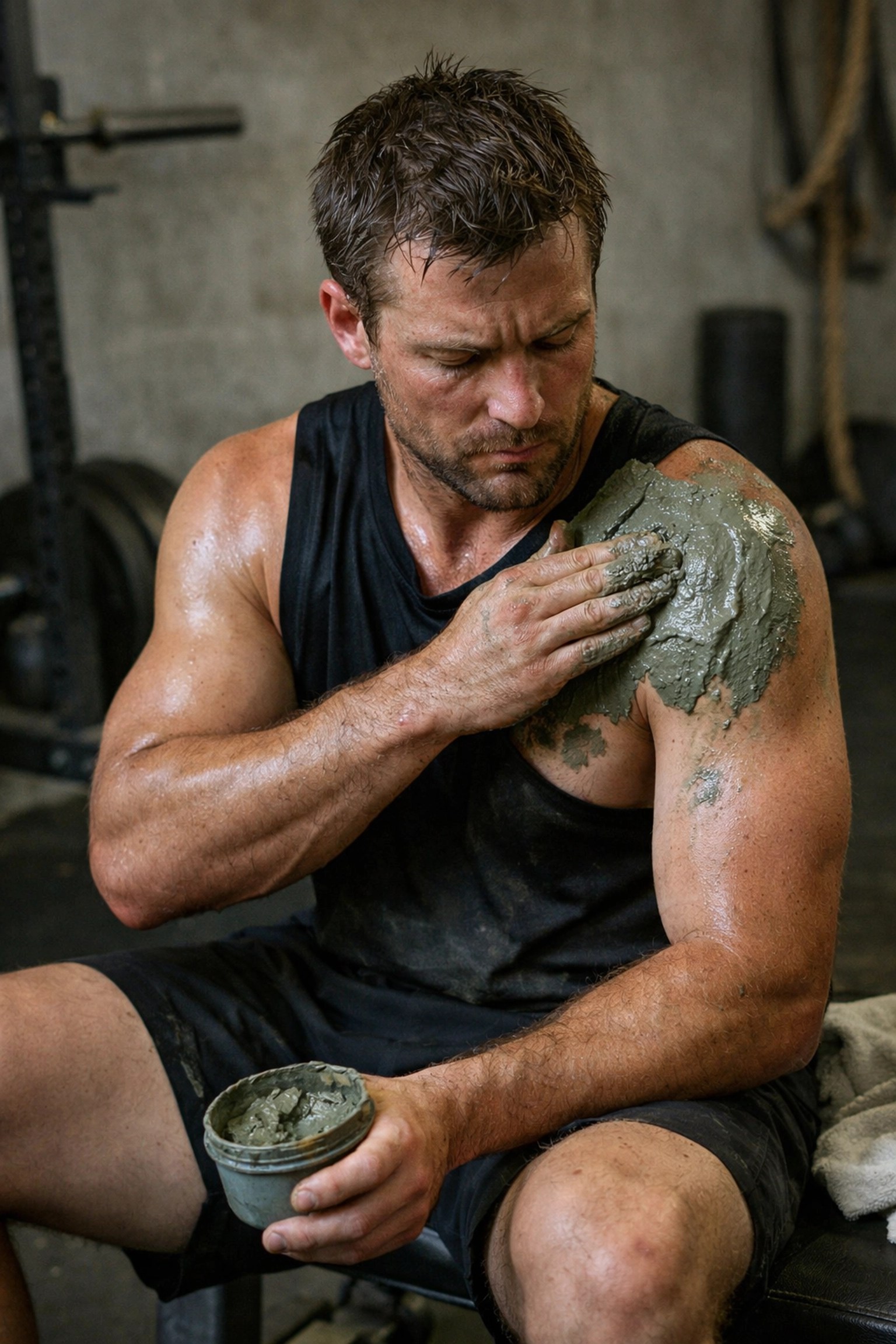 Focused athlete applying natural recovery clay to reduce chest and shoulder inflammation after training.