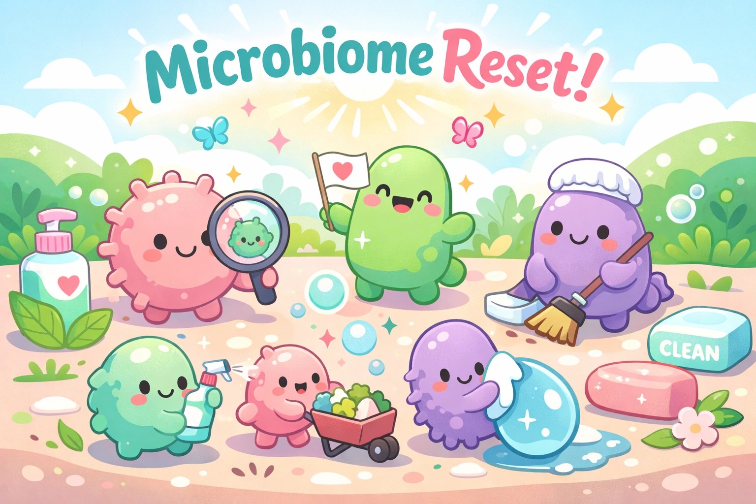 Playful cartoon depicting a skin microbiome reset to eliminate underarm odor-causing bacteria.