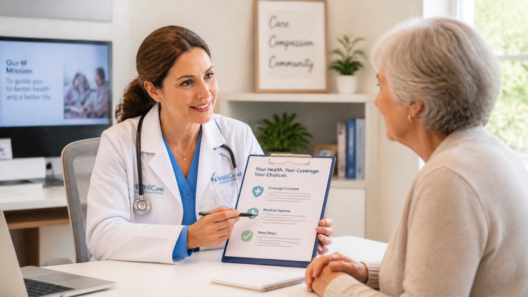 A caring doctor in a bright modern medical office explaining coverage and medical options to an attentive senior patient