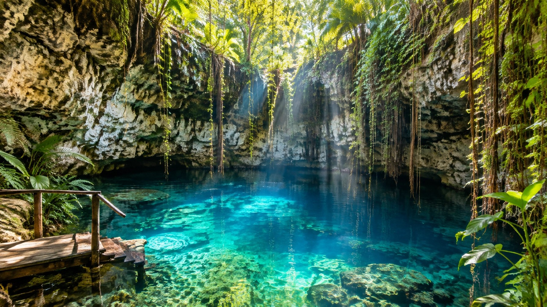 Clear jade water inside a Yucatán cenote, framed by limestone walls and tropical greenery