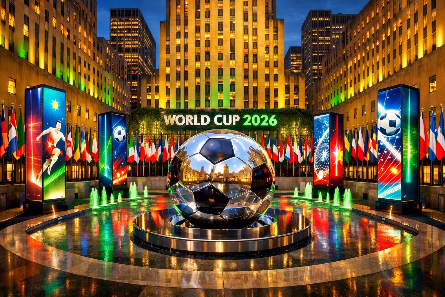 The FIFA World Cup 2026 Fan Village at Rockefeller Center decorated with flags and soccer displays.