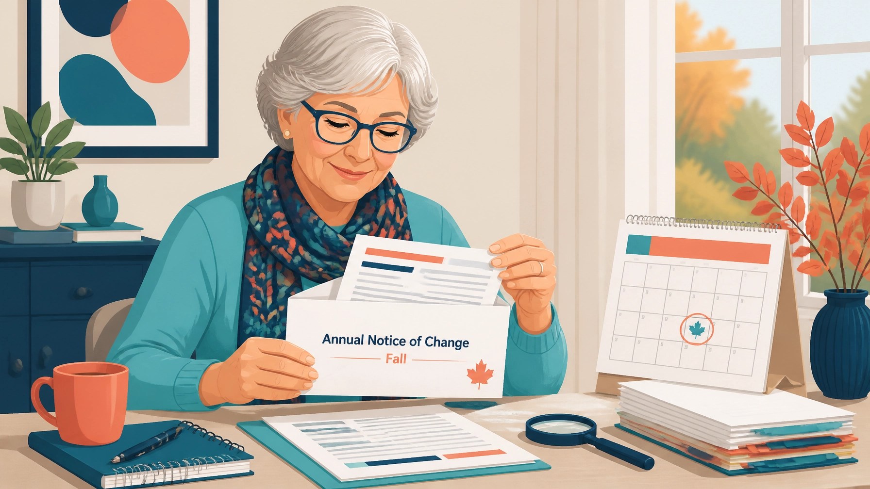 Senior woman reviewing an Annual Notice of Change envelope beside a calendar and magnifying glass
