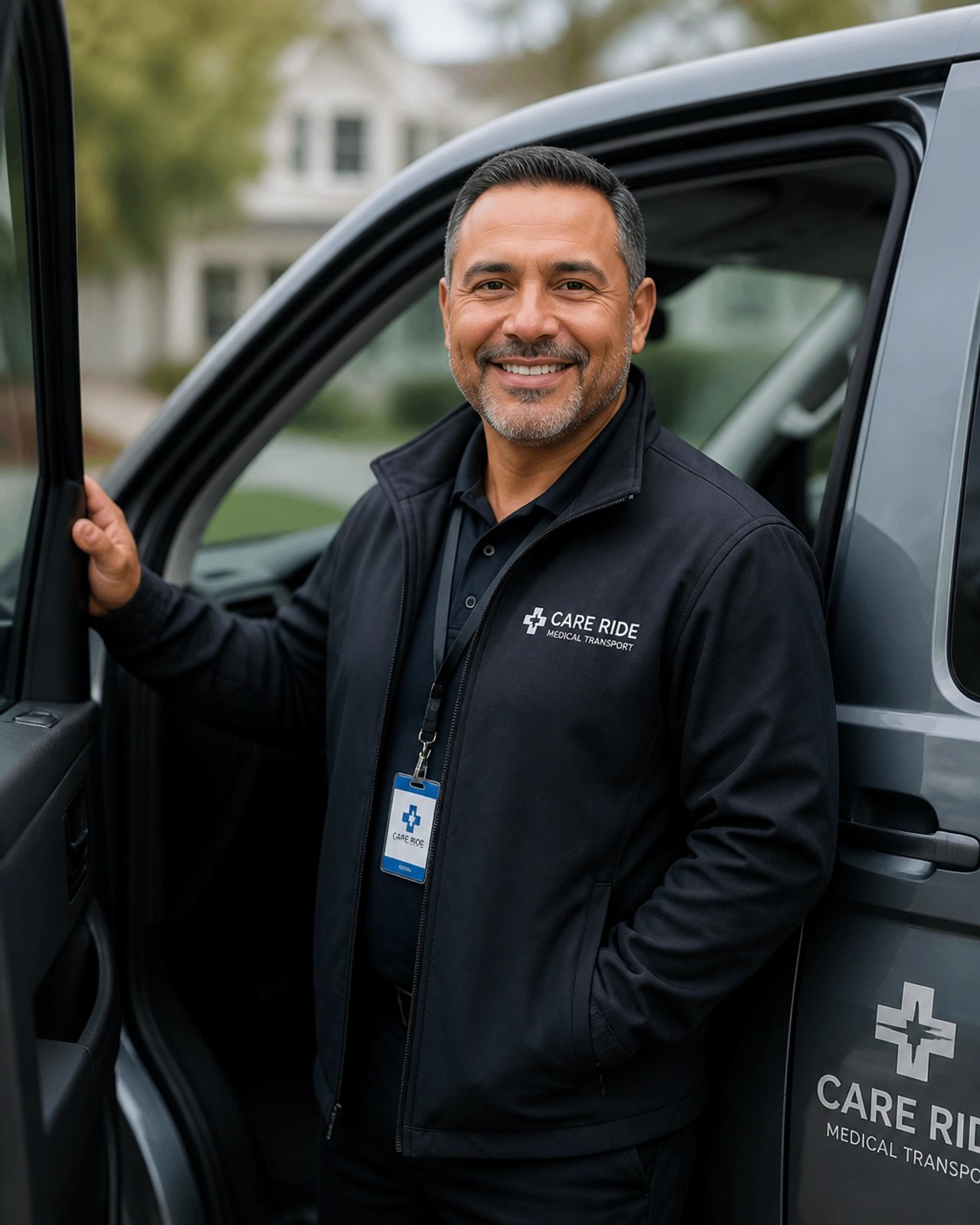 A professional driver standing by a medical transport vehicle with a reassuring smile