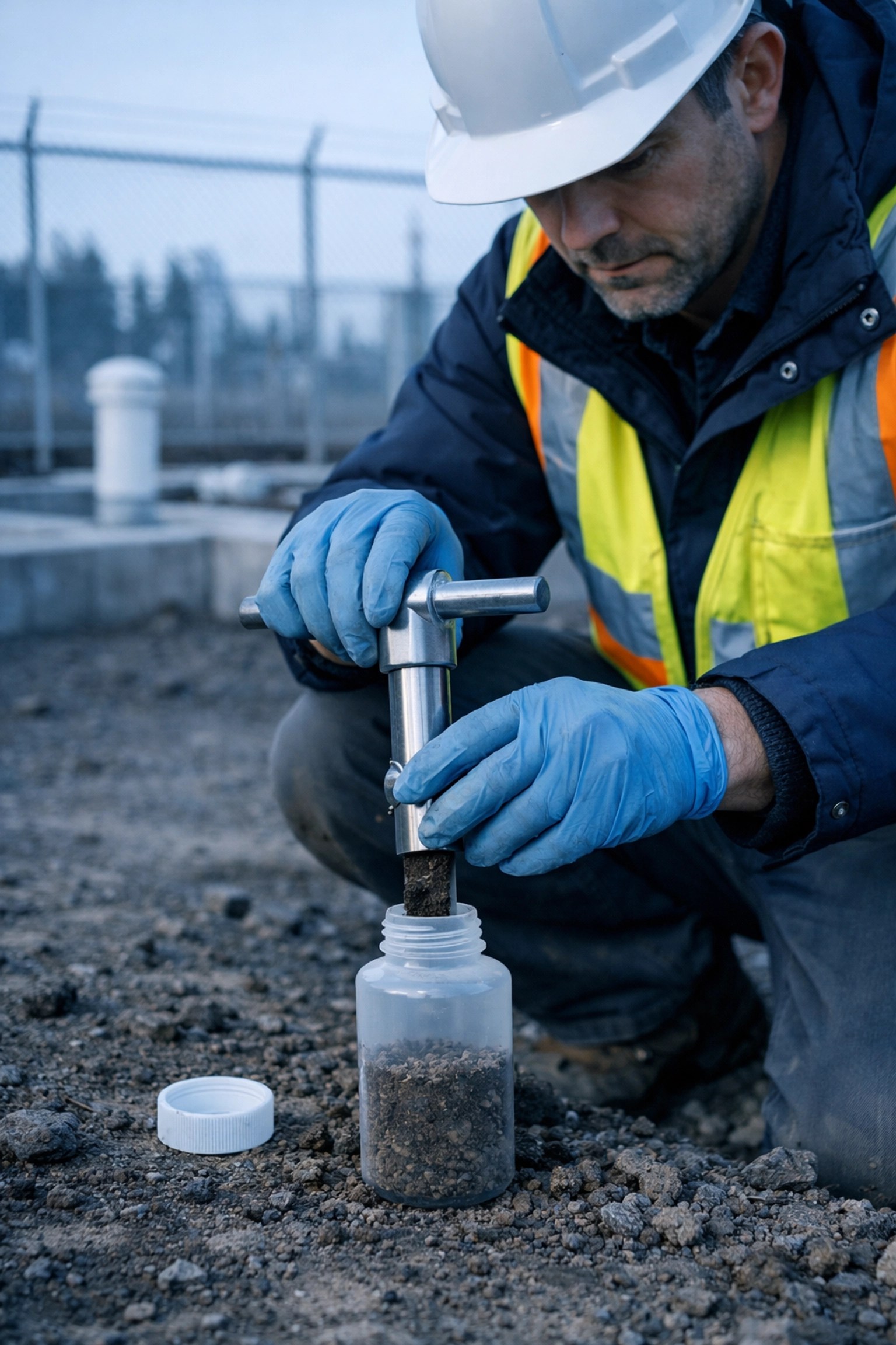 Environmental scientist collecting PFAS soil sample at industrial site in New Jersey