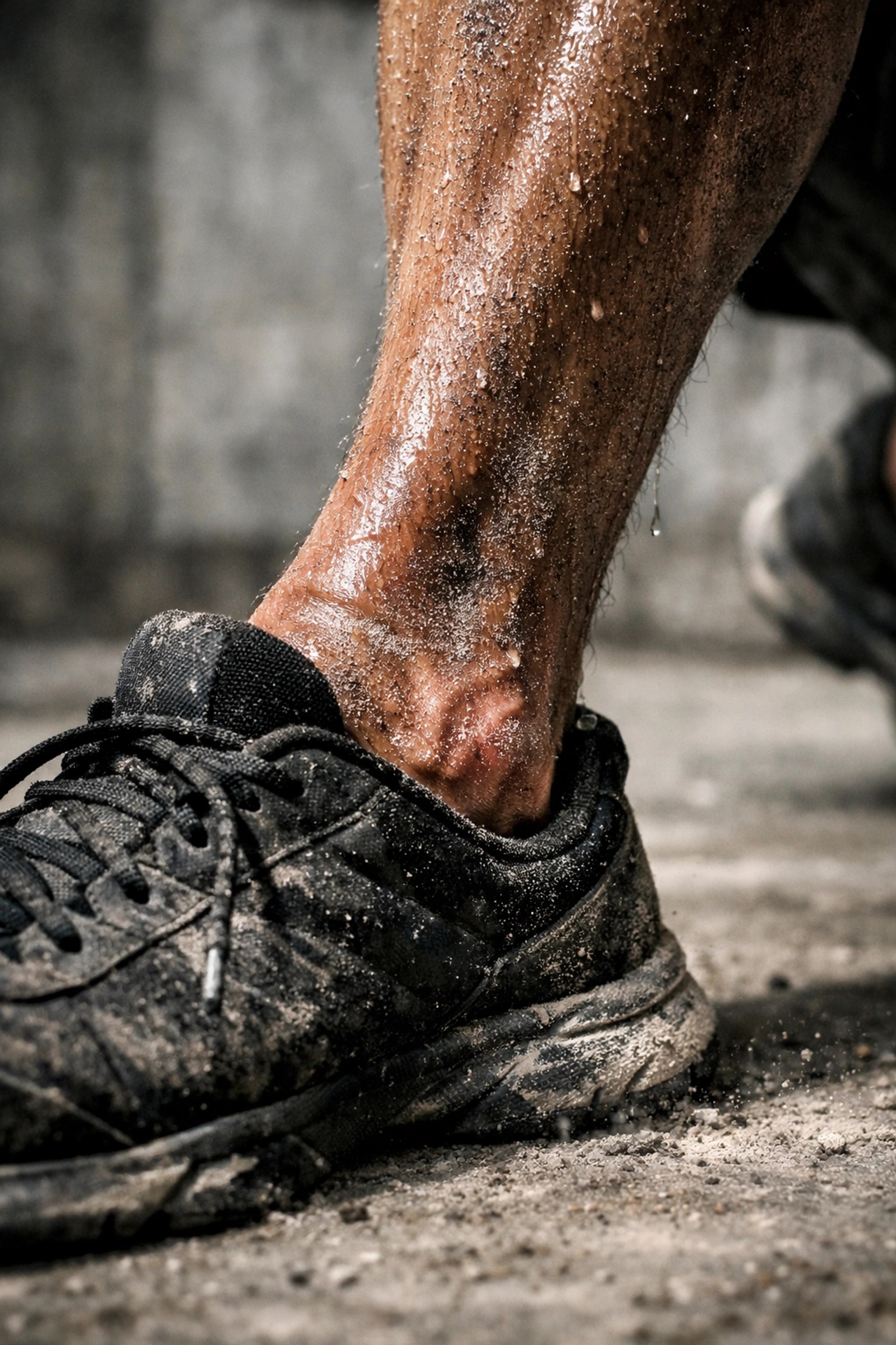 Athlete's leg with sweat and muscle strain highlighting the need for natural inflammation relief.