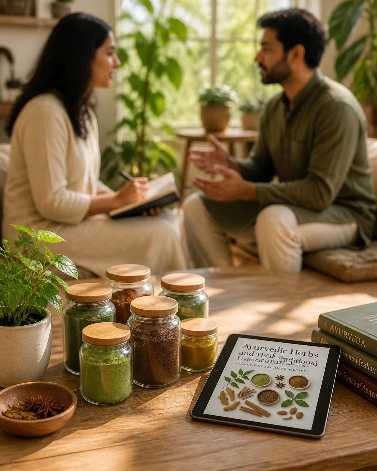 A serene scene of collaborative learning and professional exchange within a holistic health community.