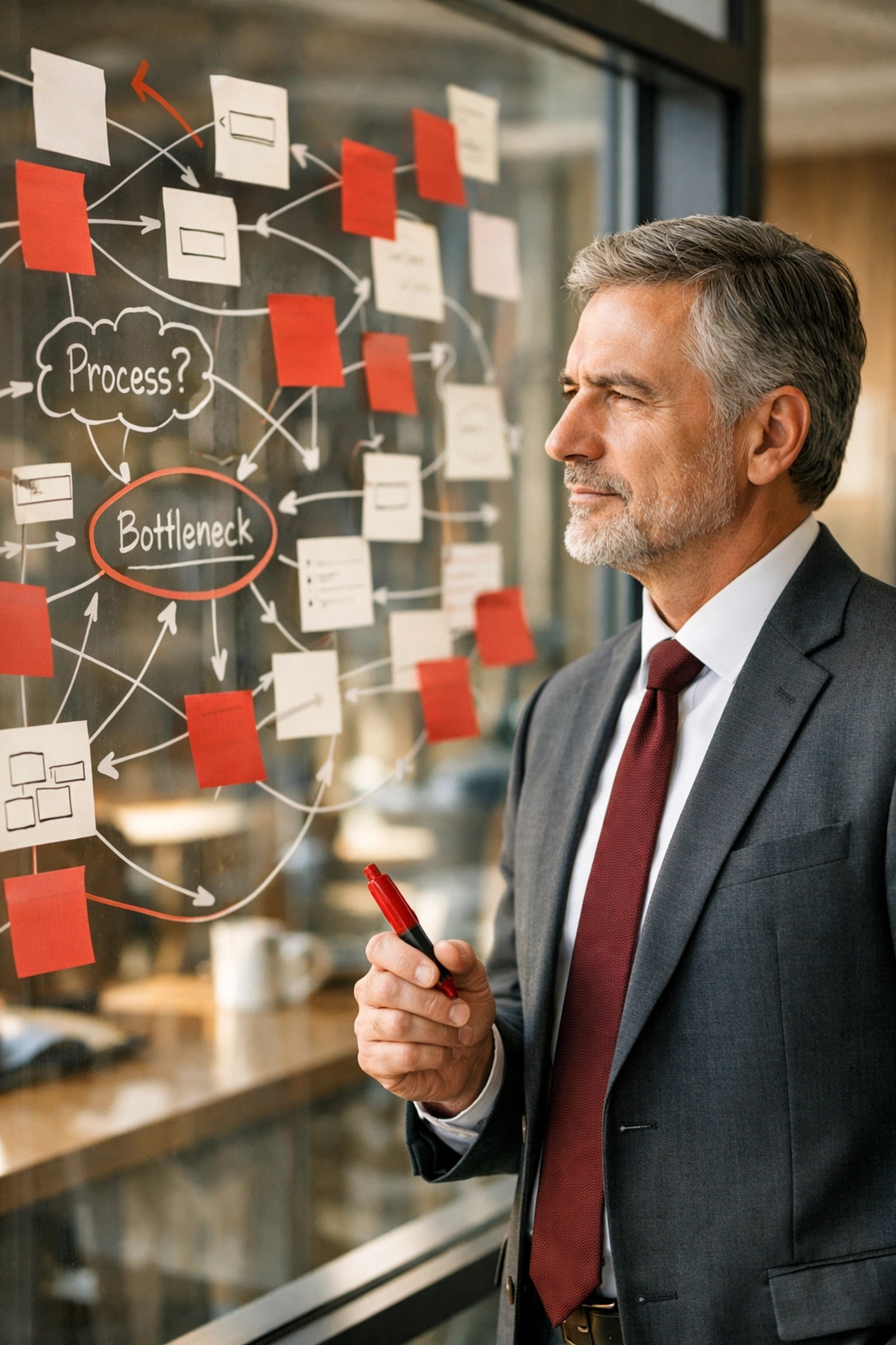Professional leader analyzing complex workflows and operational bottlenecks in a modern office.