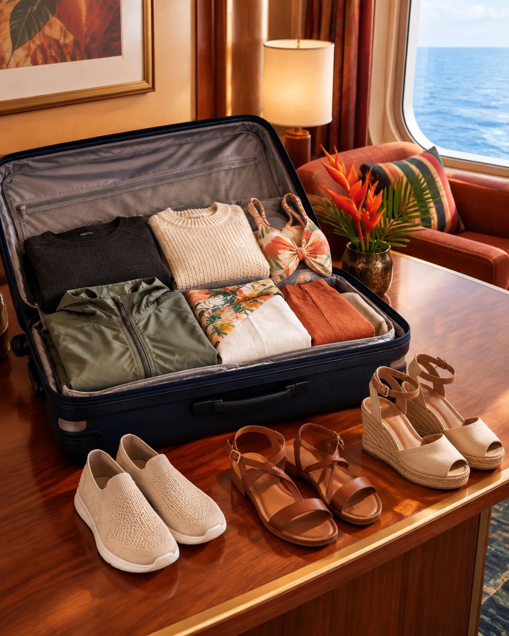Refined cruise cabin packing still life with thermal layers and swimwear