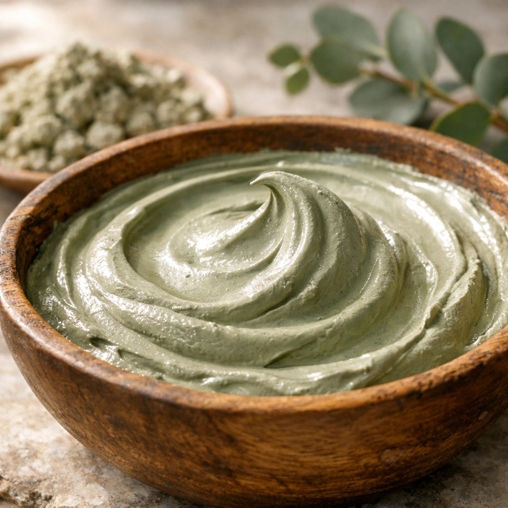 Thick French green clay paste in a rustic bowl used for professional organic athlete recovery.