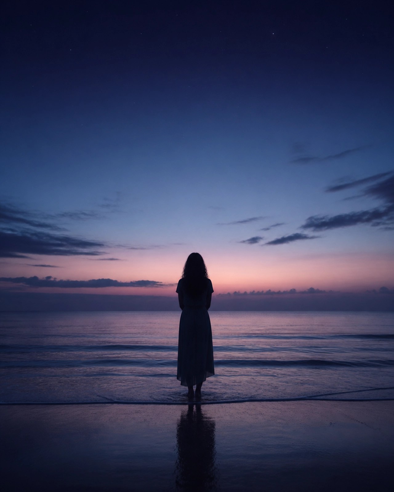 Silhouette of a woman standing on the shore at twilight