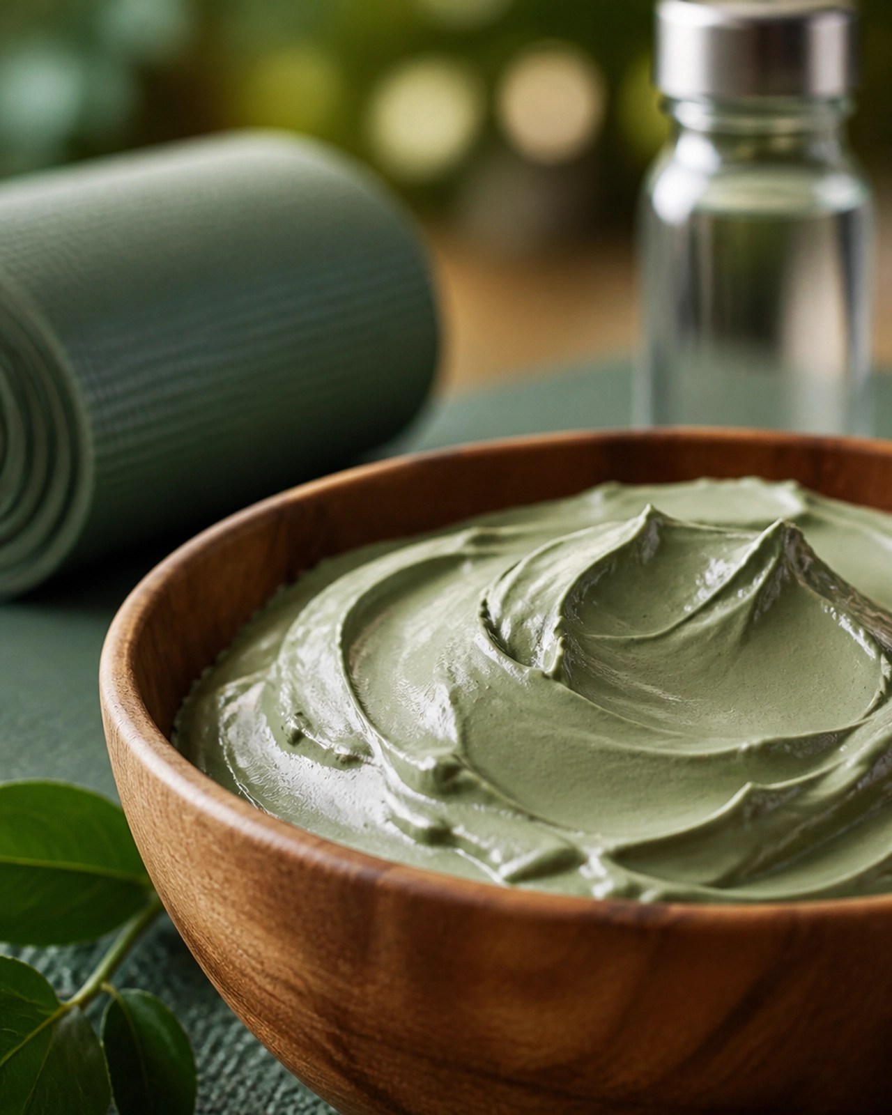 Close up of premium green clay paste in a wooden bowl