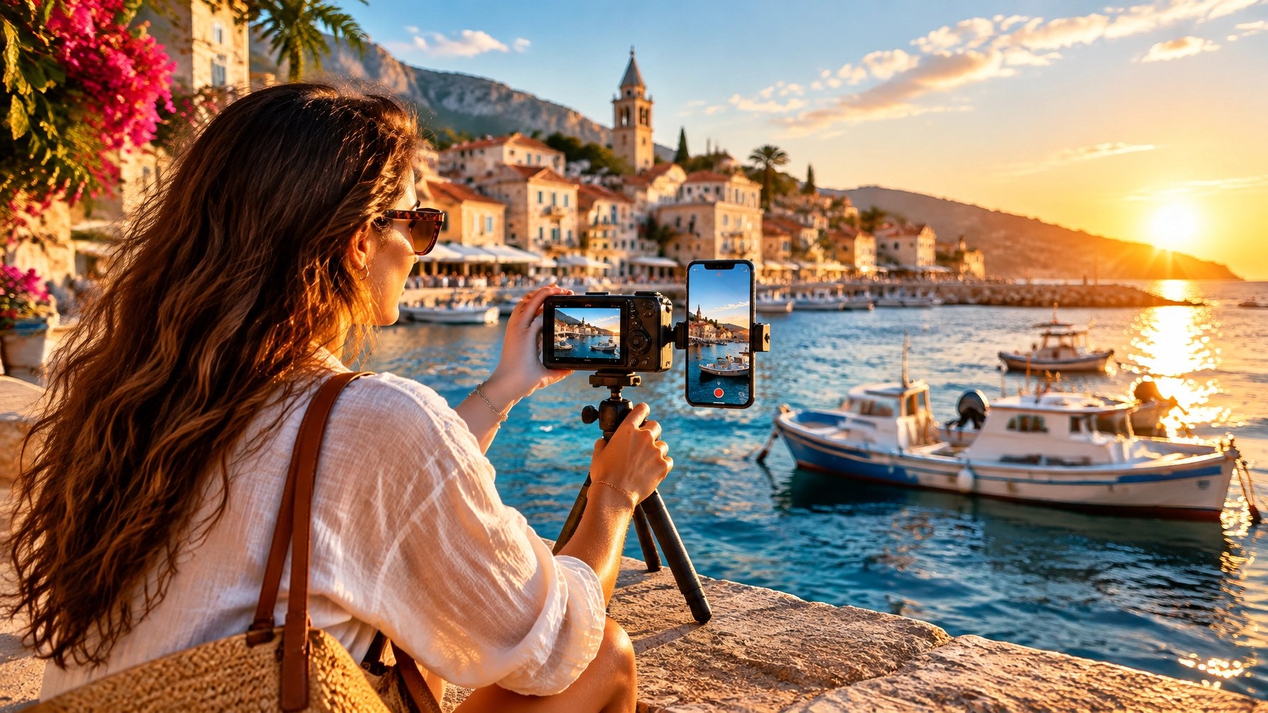 A travel creator filming a Mediterranean harbor at golden hour