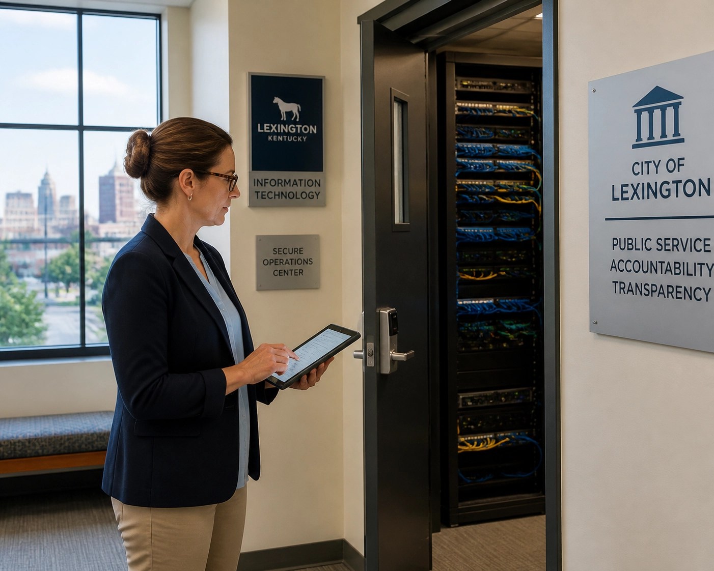 Lexington city official reviewing a municipal disaster recovery plan near a secure server rack.