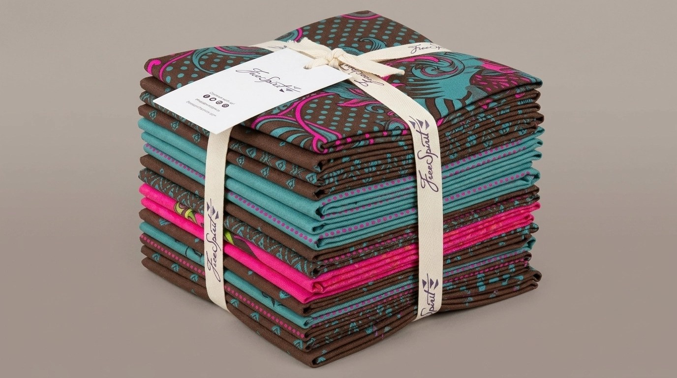 A stack of high-quality quilting cotton fat quarters in a 2026 color palette featuring Mocha Mousse, Transformative Teal, and Electric Fuchsia accents.