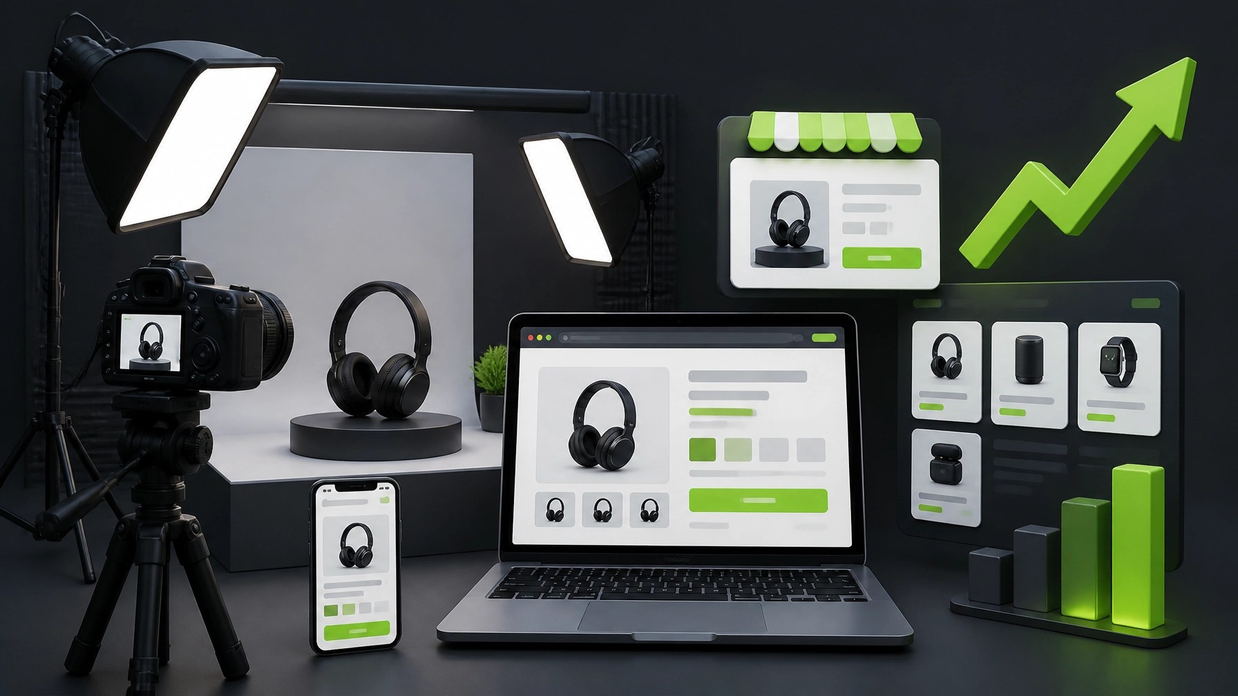 3D illustration of a product video studio with camera, lights, smartphone, laptop storefront, marketplace cards, and a green growth arrow