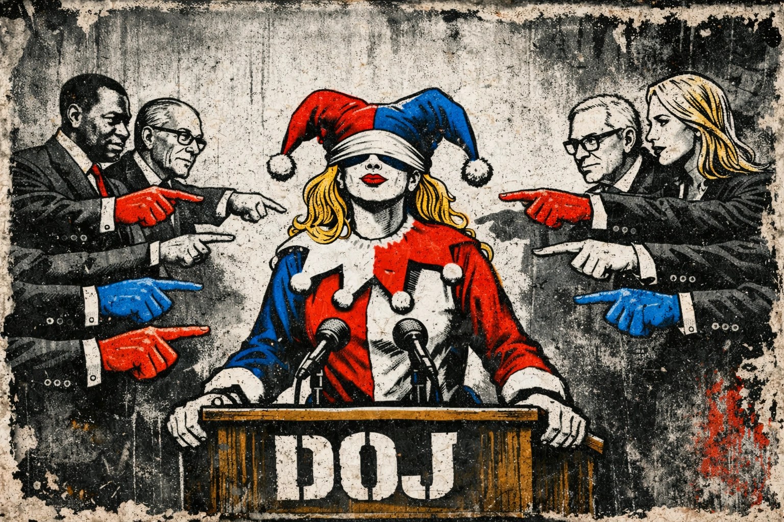 Bipartisan members of Congress pointing at Pam Bondi in jester costume at DOJ podium