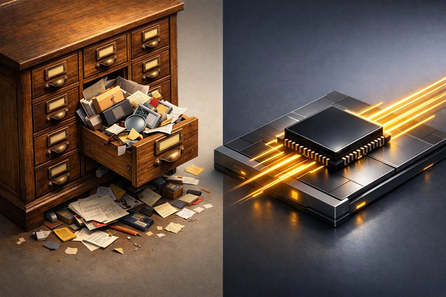 Visual comparison of an old mechanical hard drive versus a fast SSD upgrade for better computer speed.