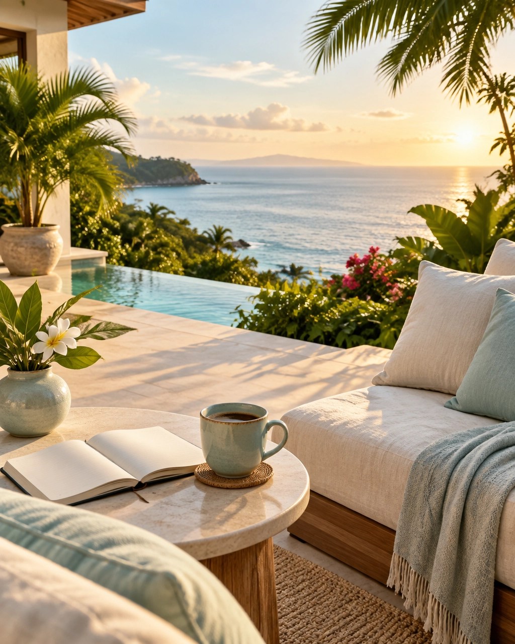 A quiet seaside villa terrace with coffee and a notebook, overlooking a calm ocean