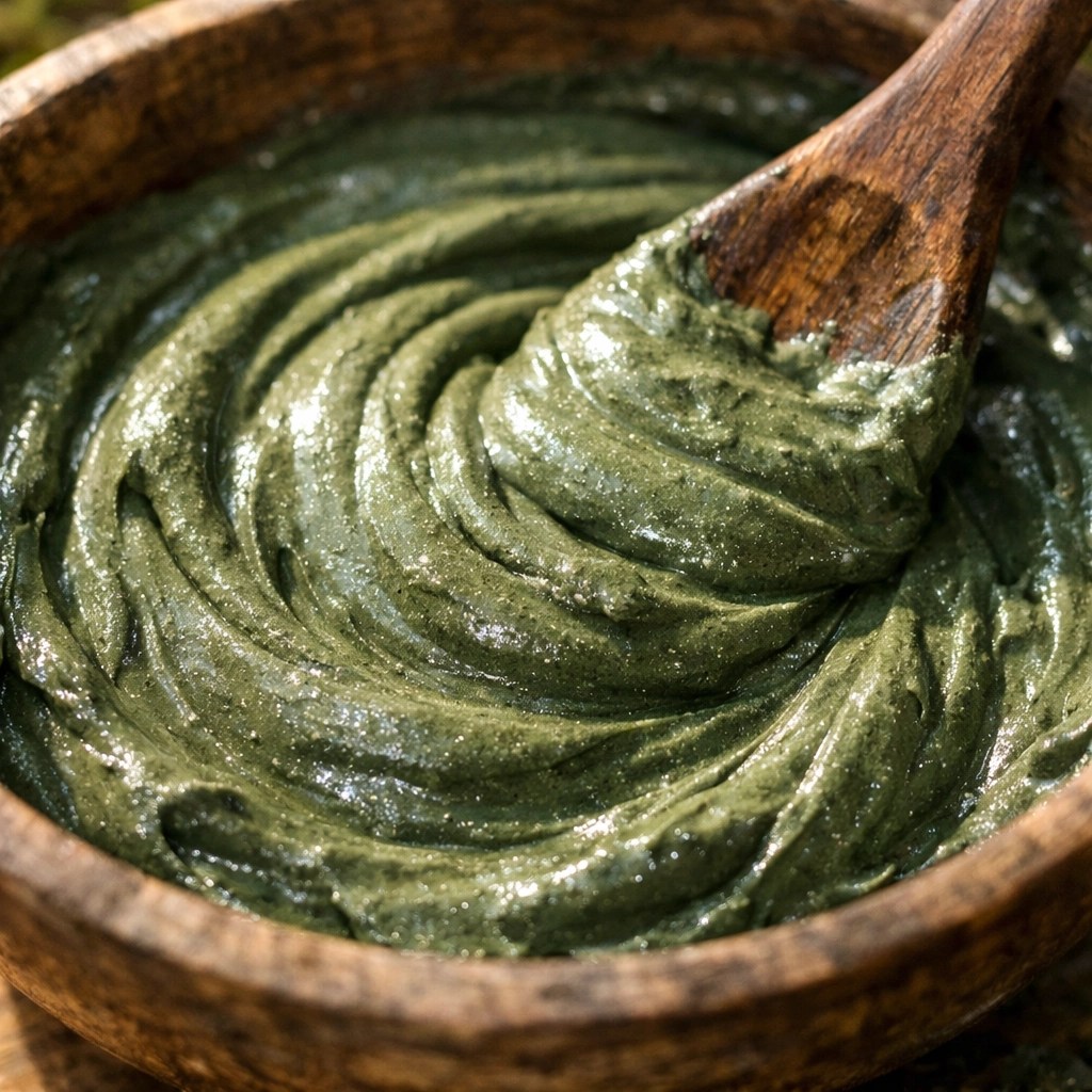 Thick, mineral-rich French green clay paste in a wooden bowl for natural joint inflammation relief.