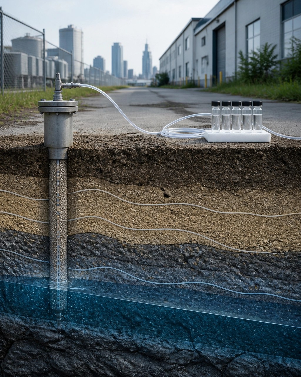 Monitoring well cap, soil-gas sampling tubing, sample vials, and a technical cutaway of soil and groundwater beneath an urban industrial property