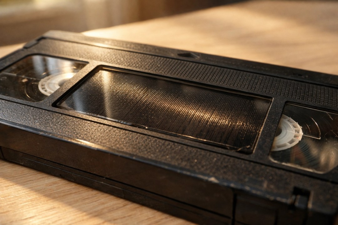 Close-up of a fragile VHS tape showing the magnetic surface that degrades over time without digital transfer.