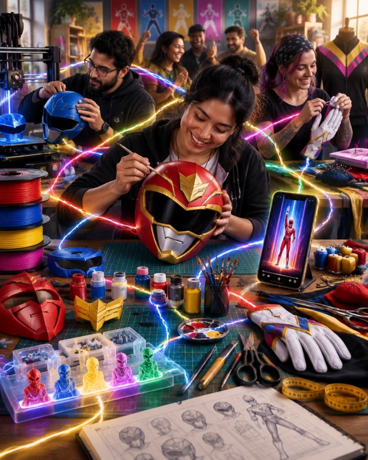 Power Rangers-inspired fan workshop with a custom helmet, tools, and glowing community energy