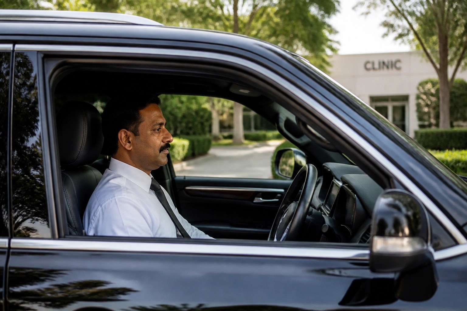 Professional chauffeur waiting in a luxury SUV for a patient's medical appointment return trip.
