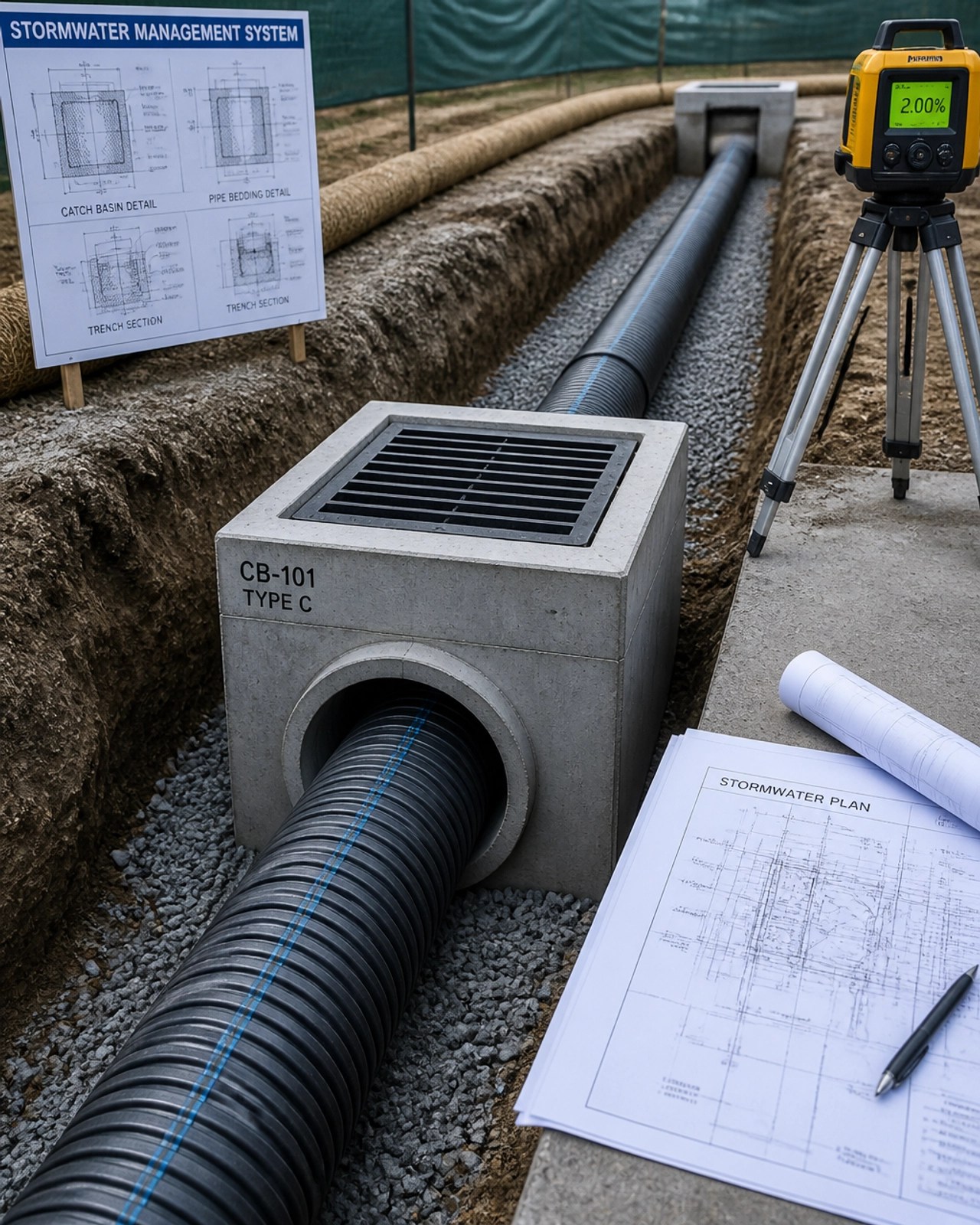 Civil engineering visual showing a stormwater management system and catch basin under construction.
