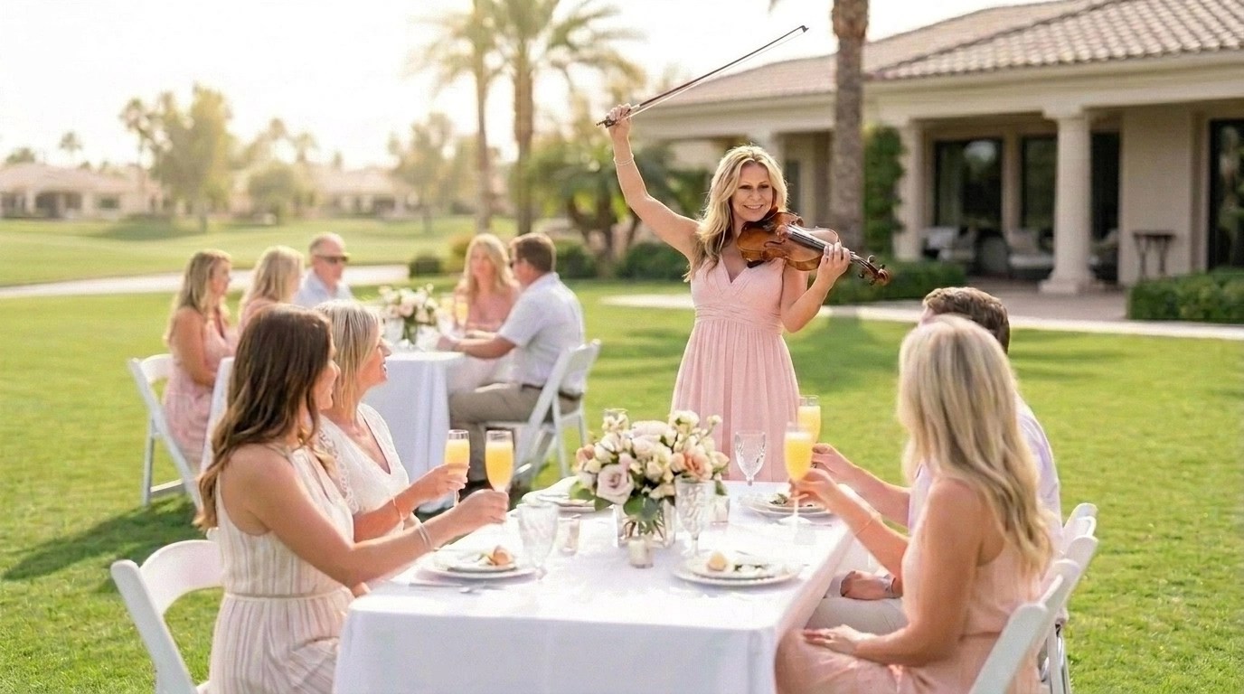 Bright and airy farewell brunch with a violinist playing in the background