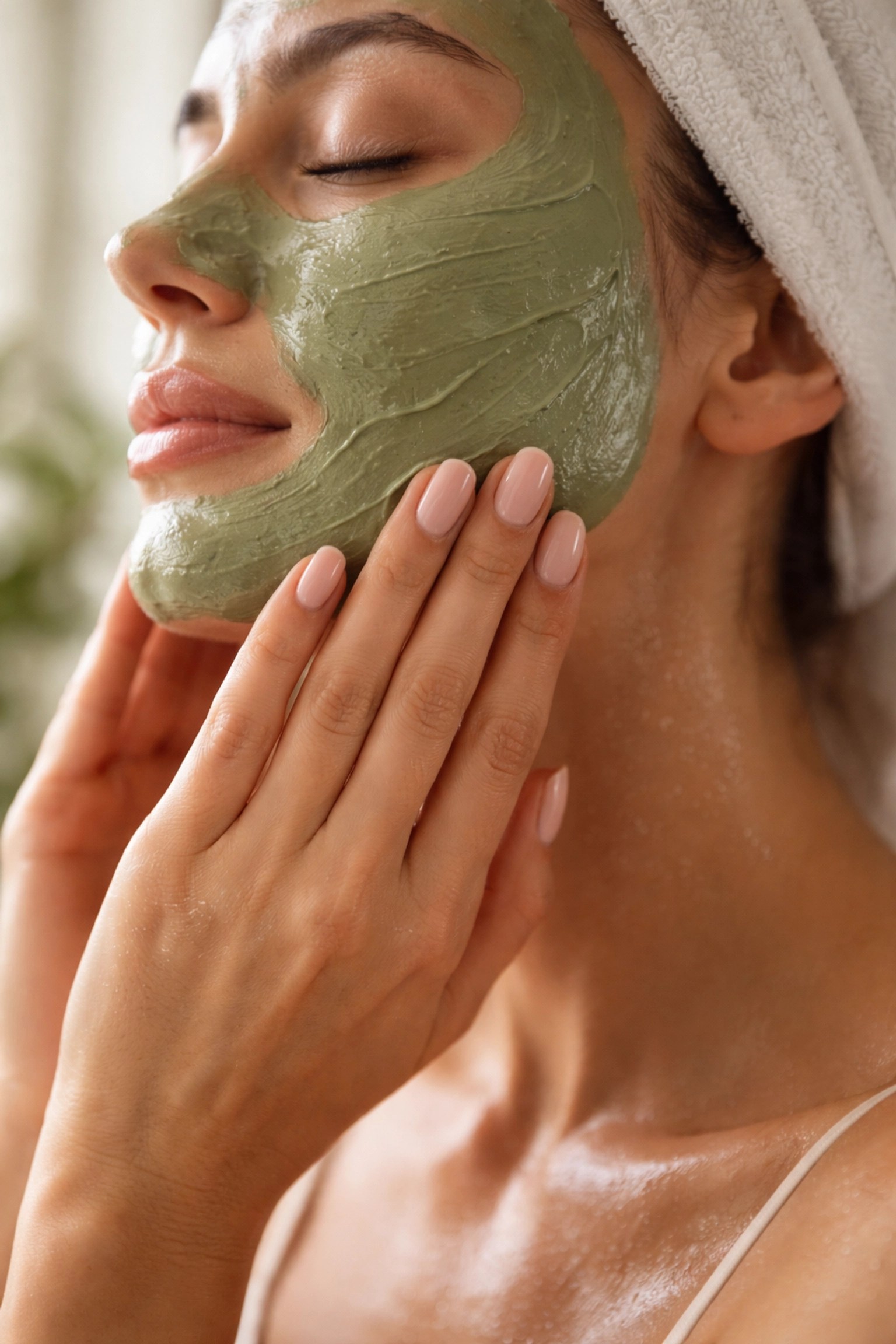 Woman applying a green clay mask to her face in a serene bathroom, beginning a simple skincare step.
