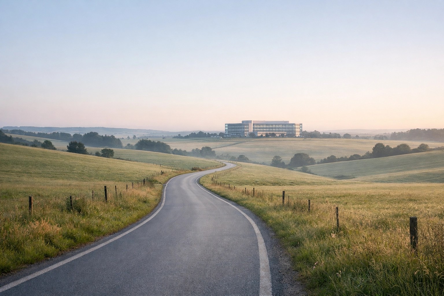 A long winding road in a rural landscape leading to a distant healthcare facility for medical access.