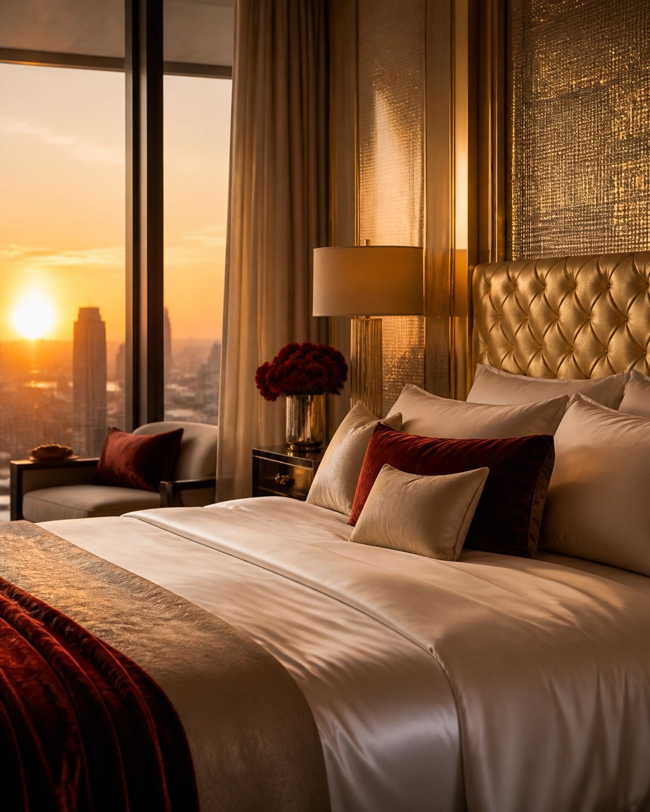 An opulent luxury bedroom with silk sheets and gold accents, bathed in a warm golden hour glow.