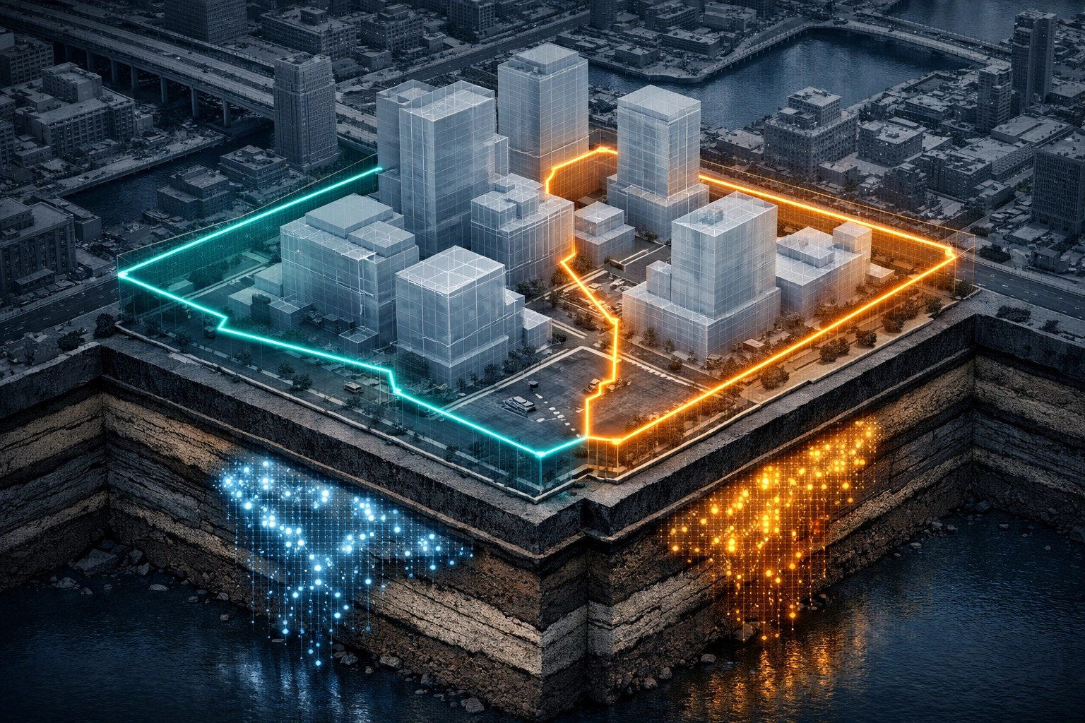 Isometric mapping of NYC redevelopment site showing NYSDEC and OER regulatory boundaries and environmental soil strata.