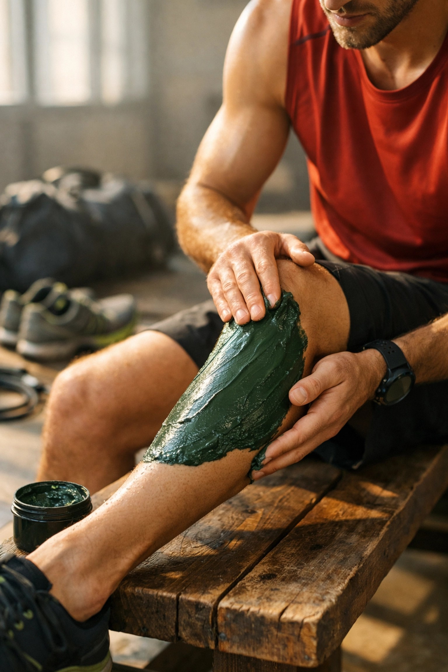 Athlete applying green clay to calf muscle for natural post-workout sports recovery.