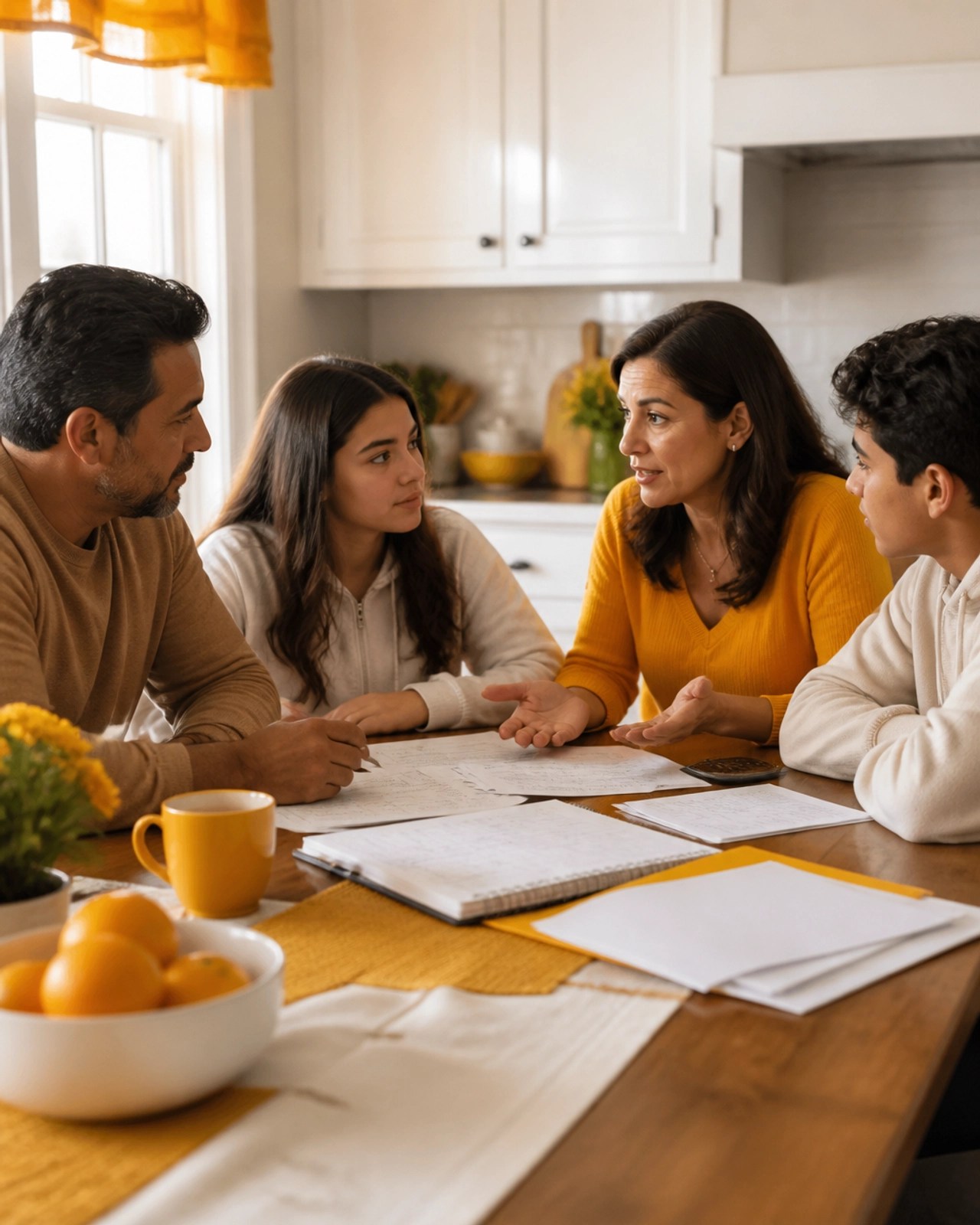 A family discussing college finances and their business strategy at home.