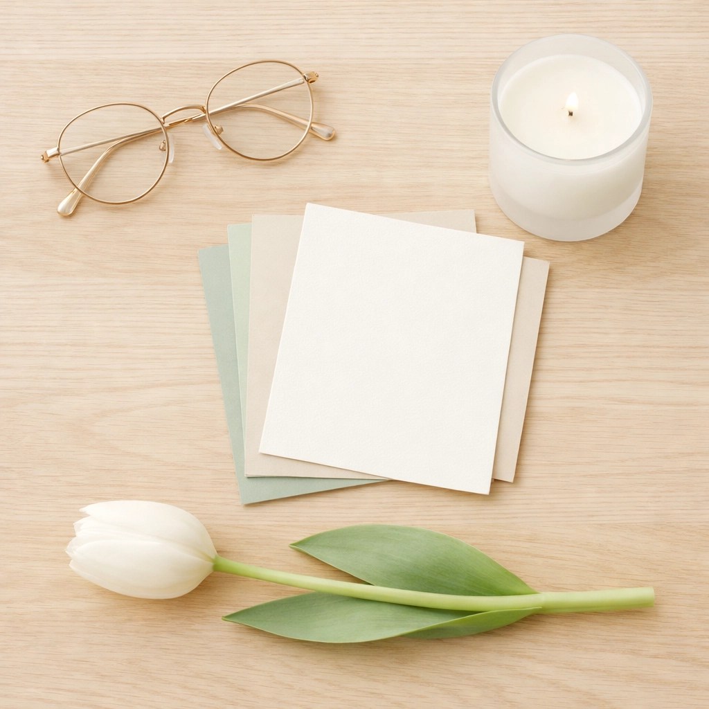 Minimalist stationery and a white tulip on wood, symbolizing peace and spiritual clarity during hard life transitions.