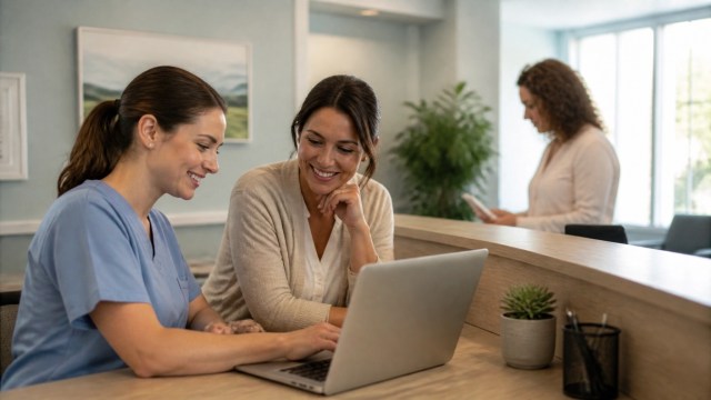 Medical receptionist and office manager reviewing an appointment schedule
