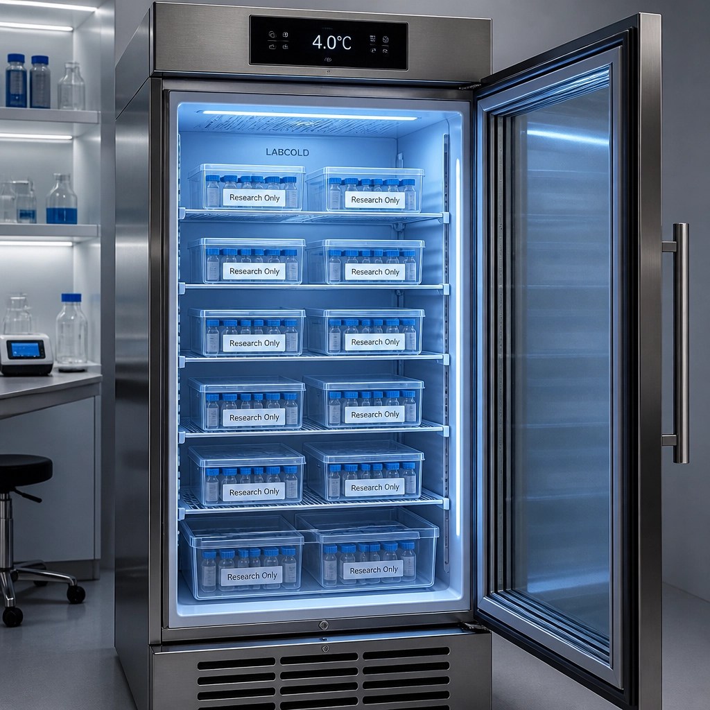 Sleek, clinical laboratory refrigerator for peptide storage