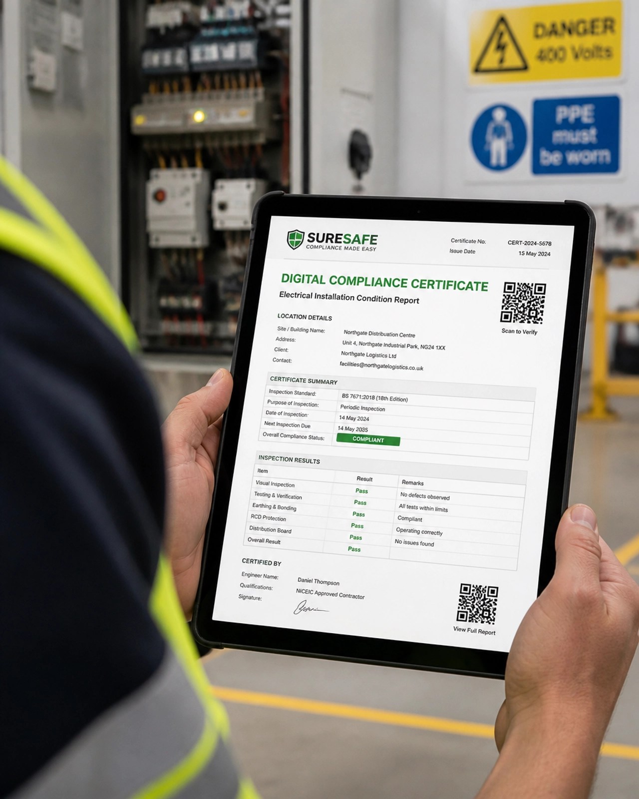 A technician holding a tablet displaying a digital compliance certificate with QR codes and detailed safety data