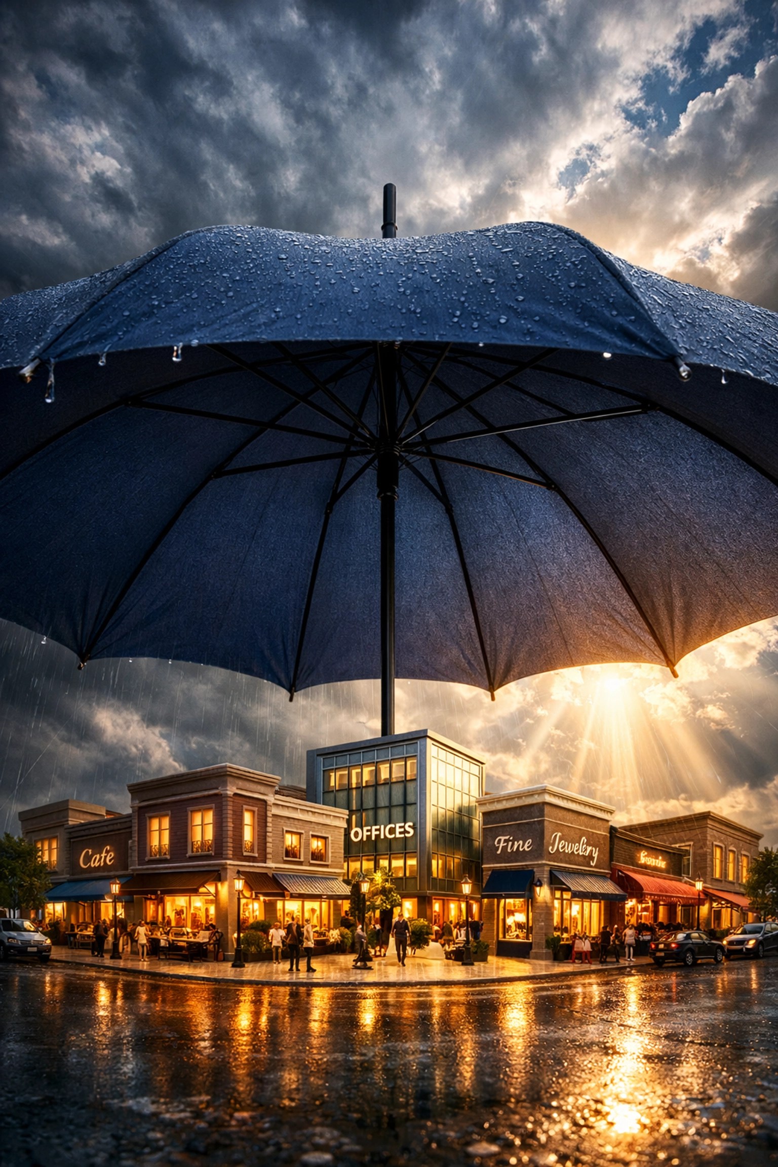 A large blue umbrella protecting a miniature city block, illustrating business umbrella insurance coverage.