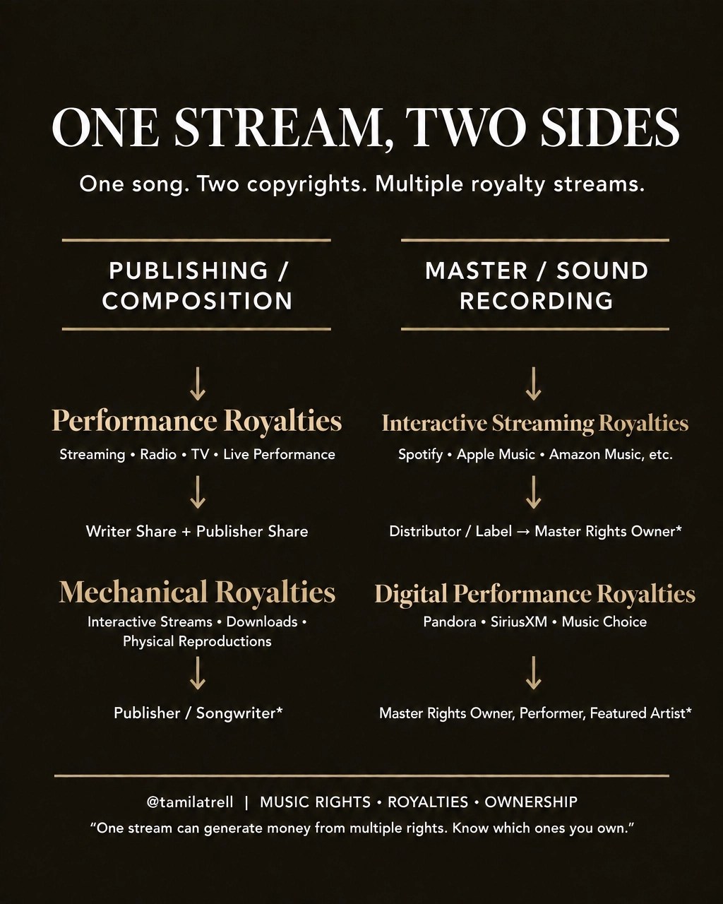 Dark editorial image illustrating the two sides of a song: publishing, mechanical, performance, and master rights