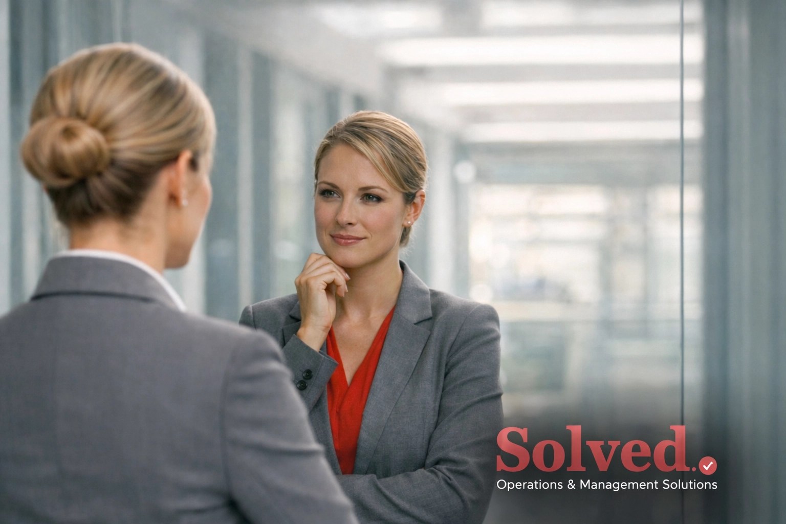 Professional woman examining her reflection, illustrating the public and private self-concepts in a DiSC profile.